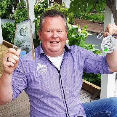 Jarrod Robinson, Head Cider Maker at Kono NZ, celebrates an early win for Tutū Cider at the NZ Cider Awards 2016.
