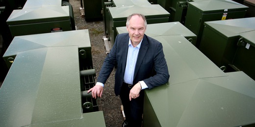 Unison Group's chief executive Ken Sutherland, standing among transformers produced by ETEL - a growing export business with markets across Australasia and the Pacific, and a promising future through a new partnership in Southeast Asia.